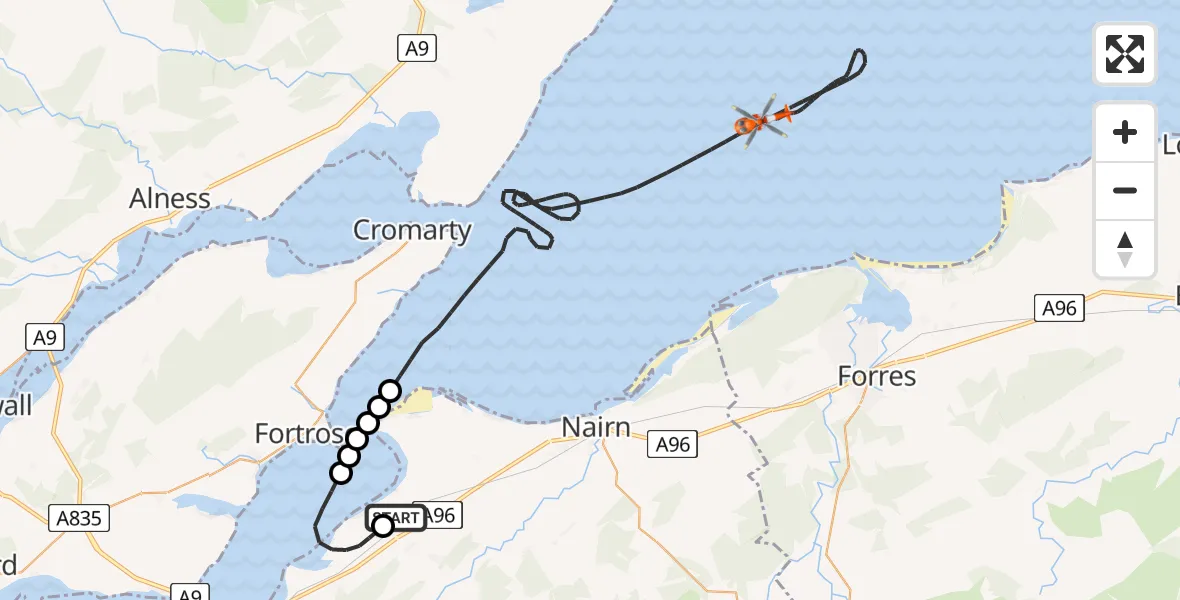 Flight route Coastguard Helicopter Inverness Airport - North Sea, 06 July 2026, 13:45