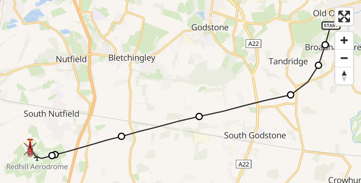 Flight route Air Ambulance Helicopter Oxted - Redhill Aerodrome, 06 July 2026, 13:49