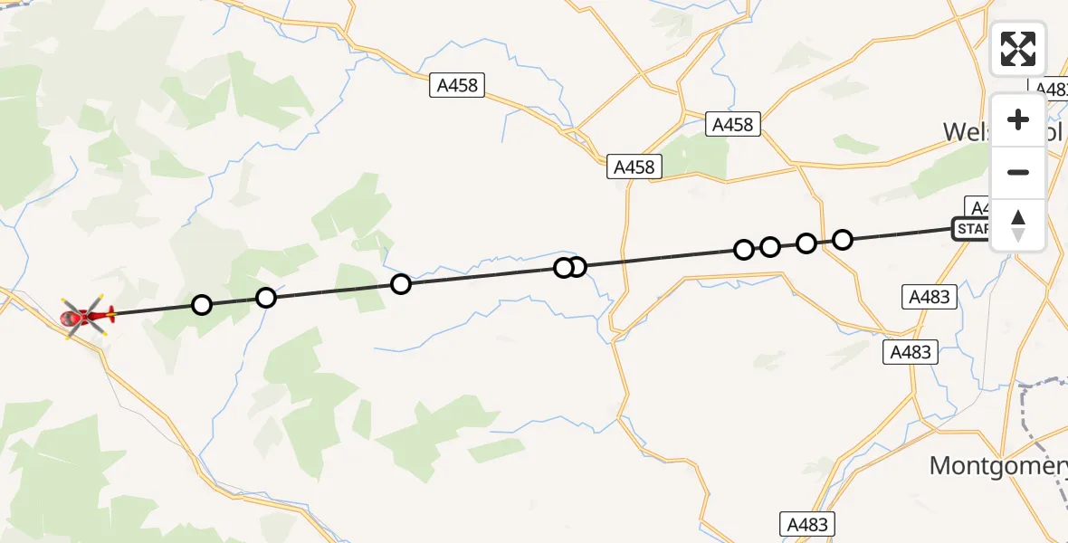 Flight route Air Ambulance Helicopter Welshpool - Llanbrynmair, 06 July 2026, 13:53