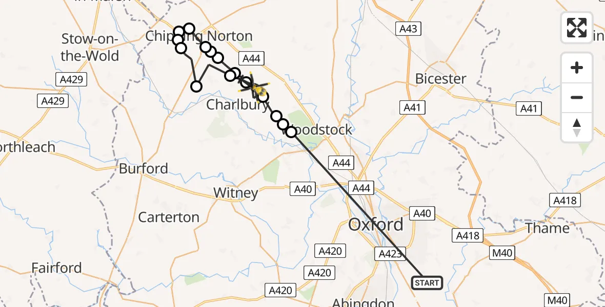 Flight route Police Helicopter Toot Baldon - Charlbury, 06 July 2026, 14:03