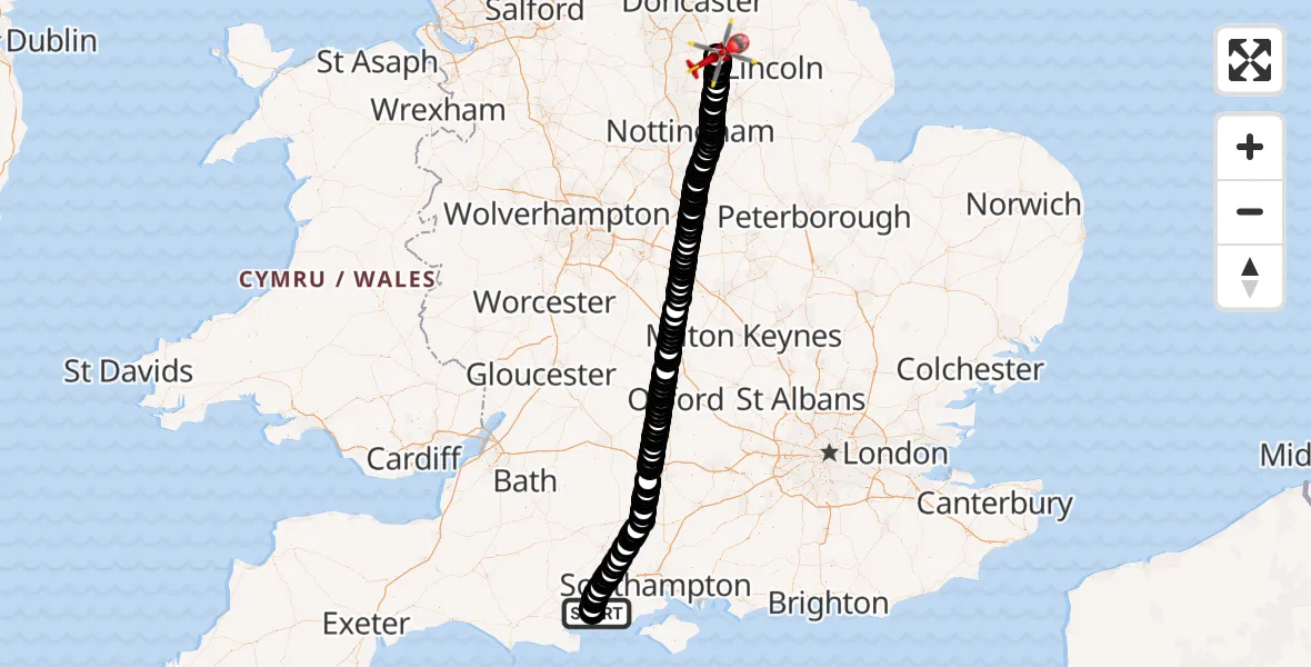 Flight route Air Ambulance Helicopter Bournemouth Airport - Retford Gamston Airport, 06 July 2026, 14:09