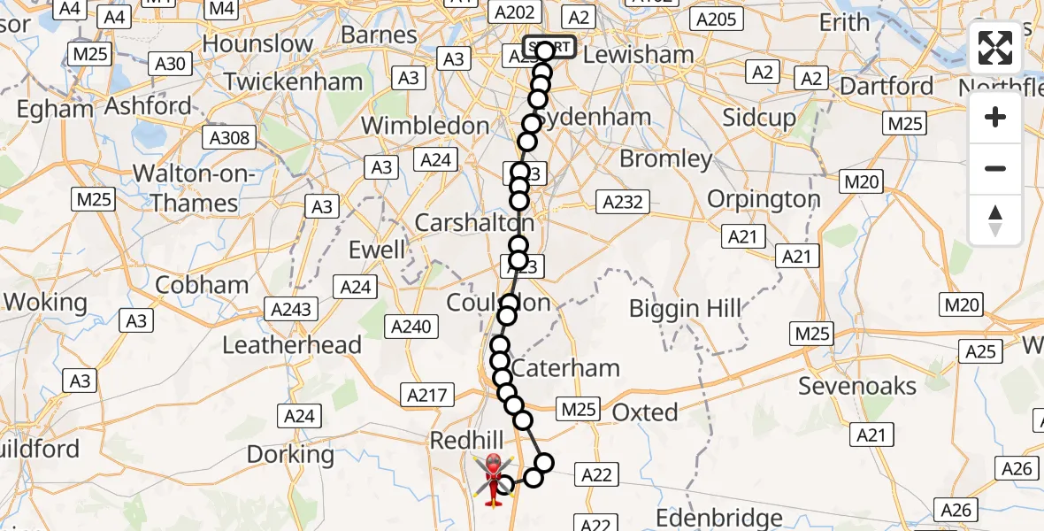 Flight route Air Ambulance Helicopter Kings College London Hospital - Redhill Aerodrome, 06 July 2026, 14:10