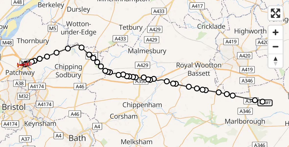 Flight route Air Ambulance Helicopter Ramsbury - Almondsbury Helicopter Base, 06 July 2026, 14:21