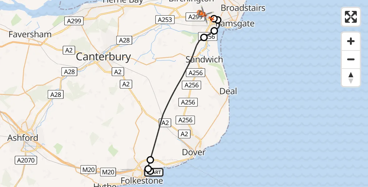 Flight route Coastguard Helicopter Dover - Manston Airport, 06 July 2026, 14:24