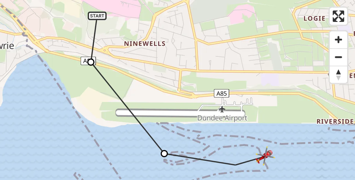 Flight route Air Ambulance Helicopter Ninewells Hospital Heliport - North Sea, 06 July 2026, 14:26