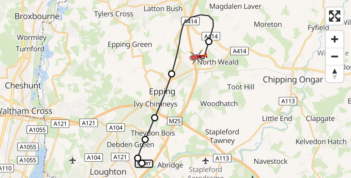 Flight route Air Ambulance Helicopter Loughton - North Weald Airfield, 06 July 2026, 14:30