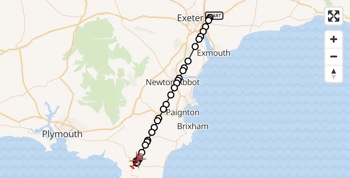 Flight route Air Ambulance Helicopter Exeter International Airport - West Alvington, 06 July 2026, 14:33