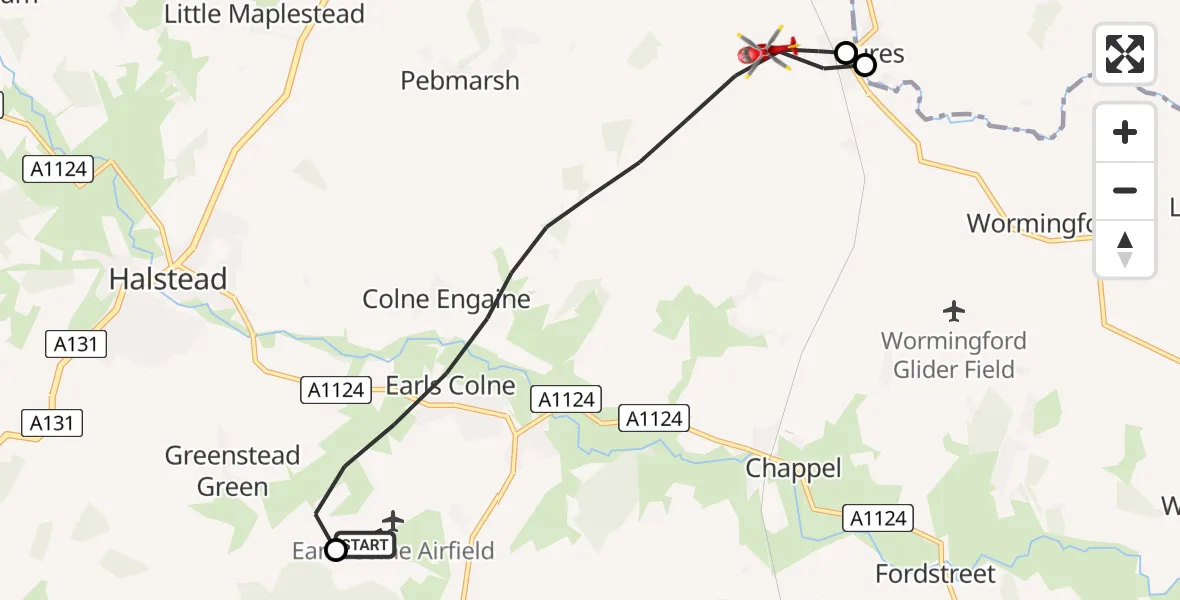 Flight route Air Ambulance Helicopter Earls Colne Airfield - Braintree, 06 July 2026, 14:34