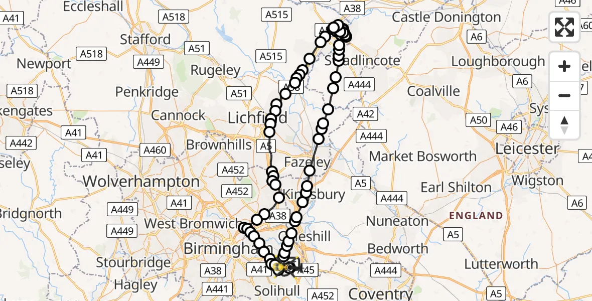 Flight route Police Helicopter Birmingham Airport - Solihull, 06 July 2026, 14:38