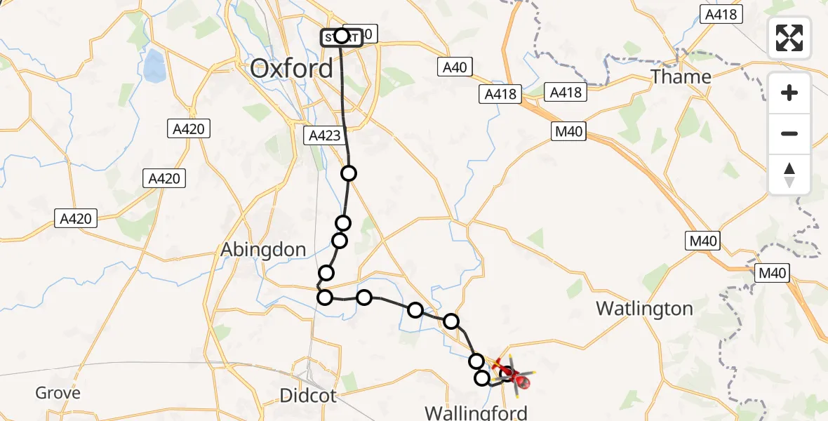 Flight route Air Ambulance Helicopter John Radcliffe Hospital - RAF Benson, 06 July 2026, 14:41