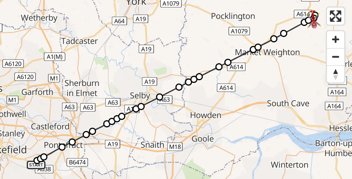 Flight route Air Ambulance Helicopter YAA Nostell Helicopter Port - Lund, 06 July 2026, 15:07