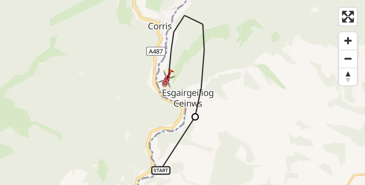 Flight route Air Ambulance Helicopter Glantwymyn - Esgairgeiliog Ceinws, 06 July 2026, 15:15