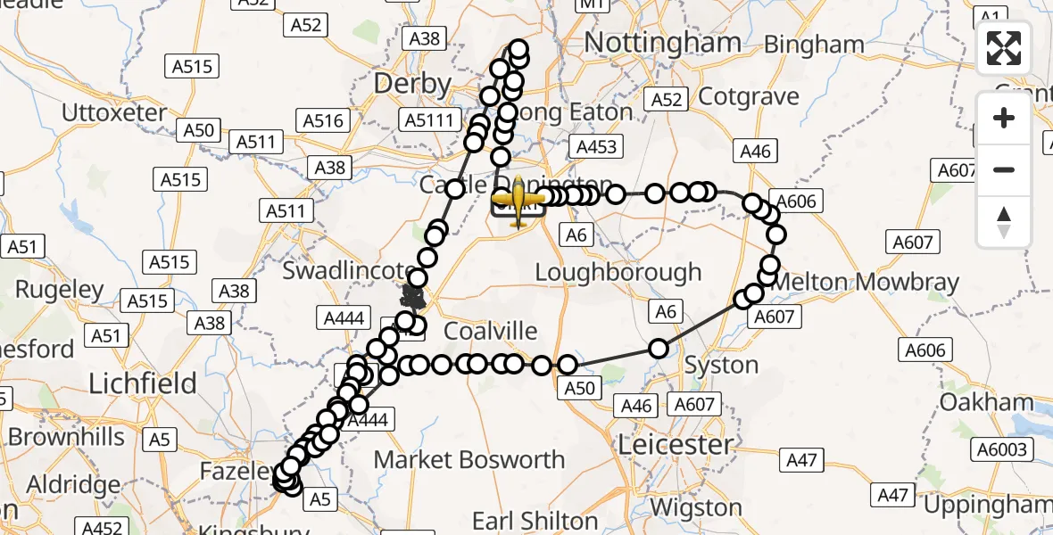 Flight route Police Aircraft East Midlands Airport - East Midlands Airport, 06 July 2026, 15:18