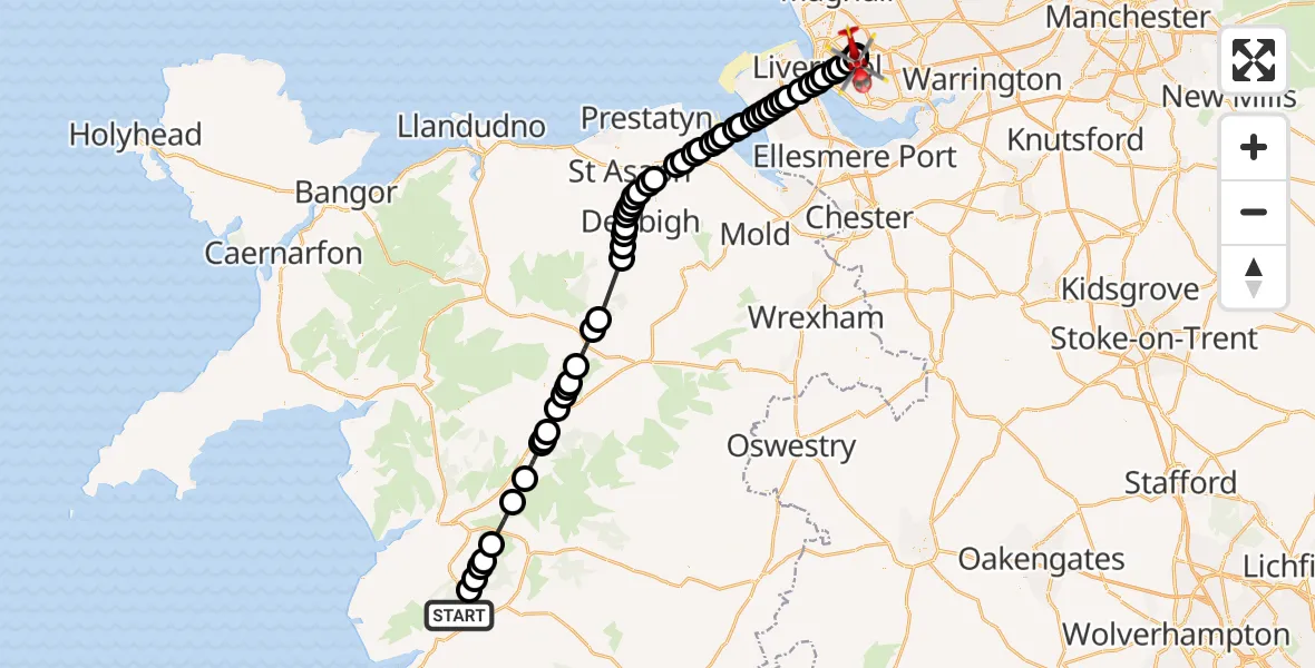 Flight route Air Ambulance Helicopter Corris - Old Swan, 06 July 2026, 15:28