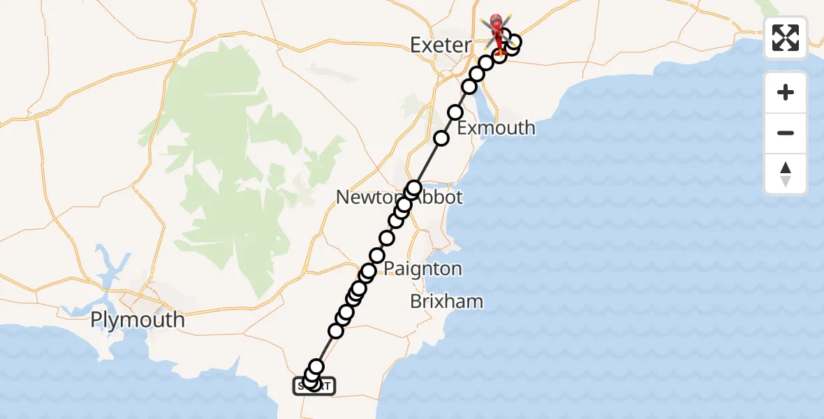 Flight route Air Ambulance Helicopter Kingsbridge - Exeter International Airport, 06 July 2026, 15:31