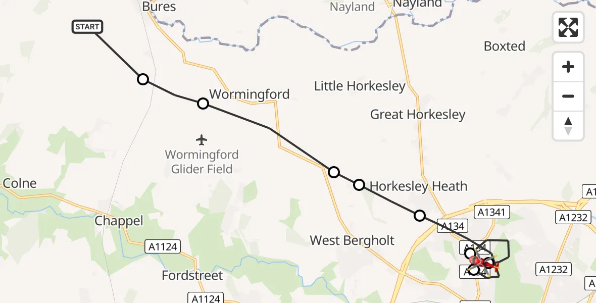 Flight route Air Ambulance Helicopter Braintree - Colchester Hospital, 06 July 2026, 15:32