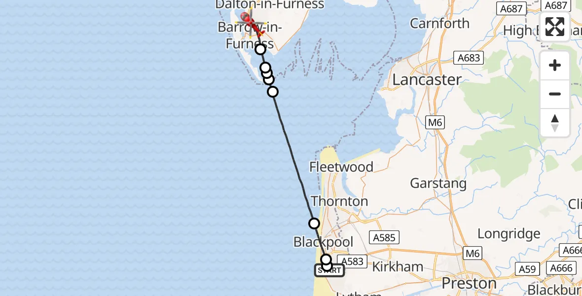 Flight route Air Ambulance Helicopter Blackpool Airport - Barrow-in-Furness, 06 July 2026, 15:53