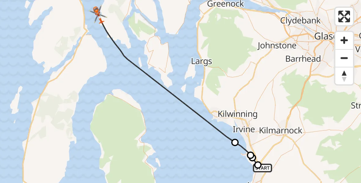 Flight route Coastguard Helicopter Glasgow Prestwick Airport - Inner Seas, 06 July 2026, 16:10