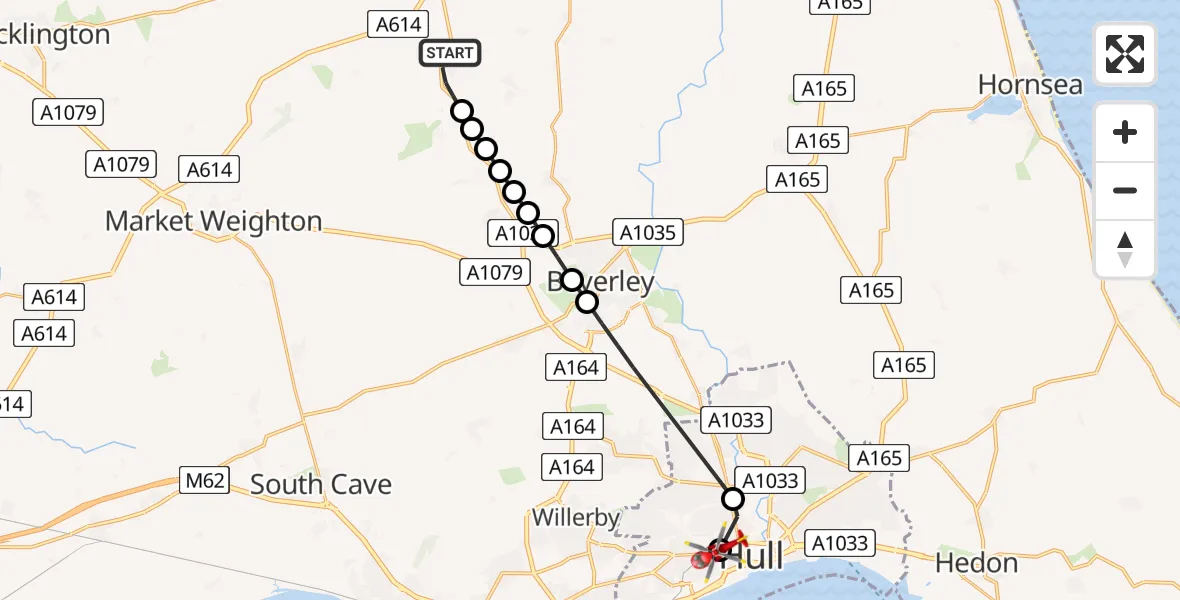 Flight route Air Ambulance Helicopter Lund - Hull Royal Infirmary, 06 July 2026, 16:12