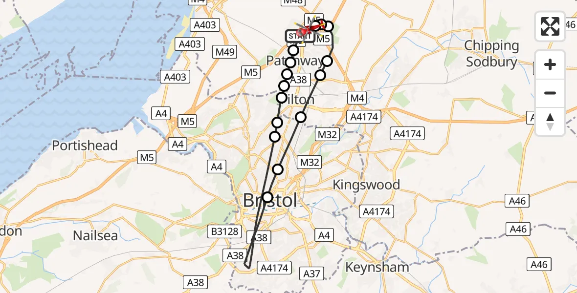 Flight route Air Ambulance Helicopter Almondsbury - Almondsbury Helicopter Base, 06 July 2026, 16:19