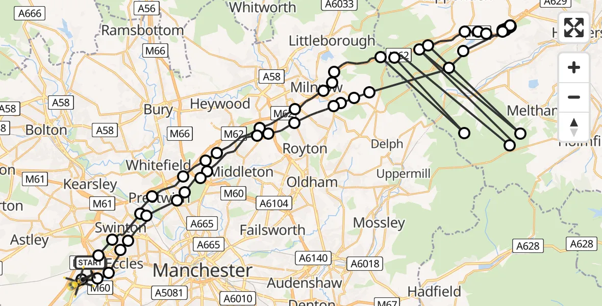 Flight route Police Helicopter Worsley - Manchester Barton Aerodrome, 06 July 2026, 16:19
