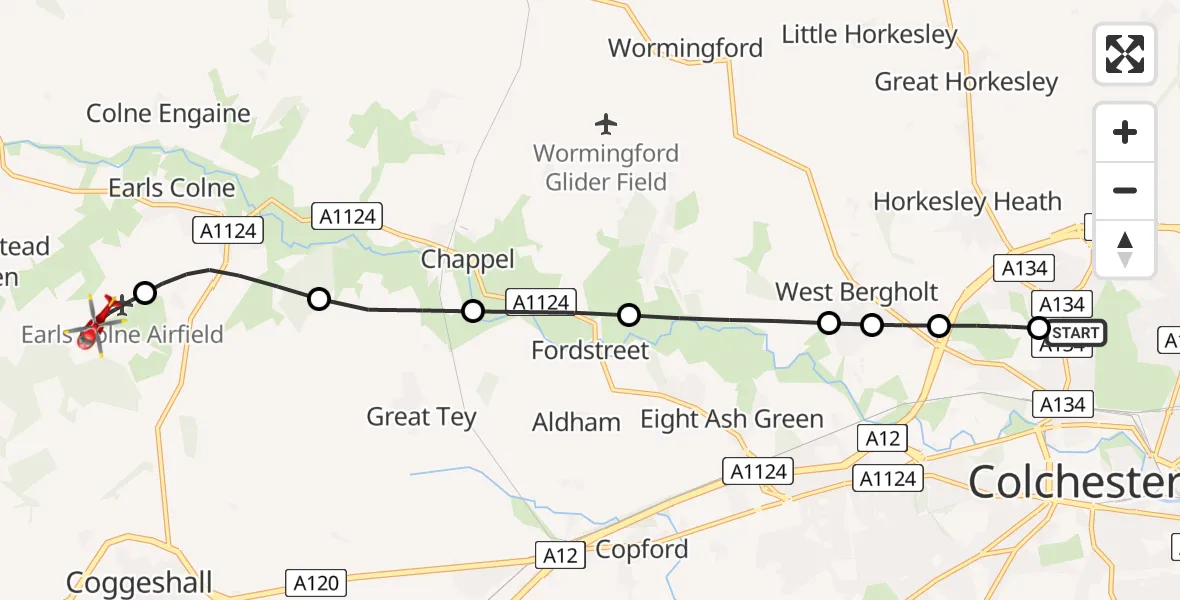 Flight route Air Ambulance Helicopter Colchester Hospital - Earls Colne Airfield, 06 July 2026, 16:19