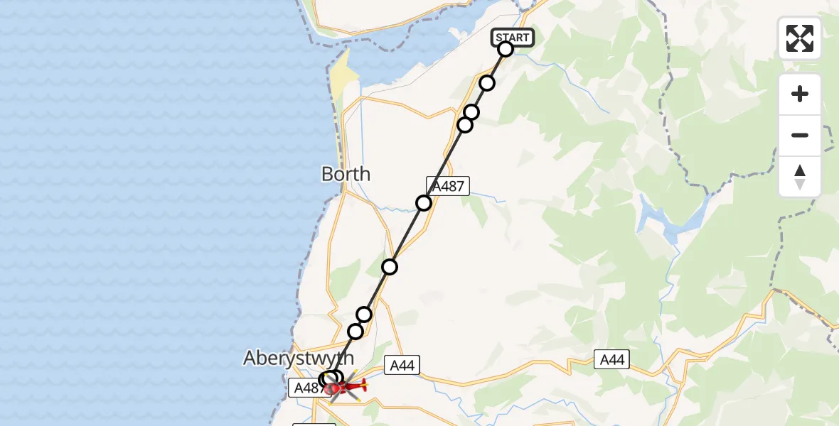 Flight route Air Ambulance Helicopter Eglwys Fach - Aberystwyth, 06 July 2026, 16:29