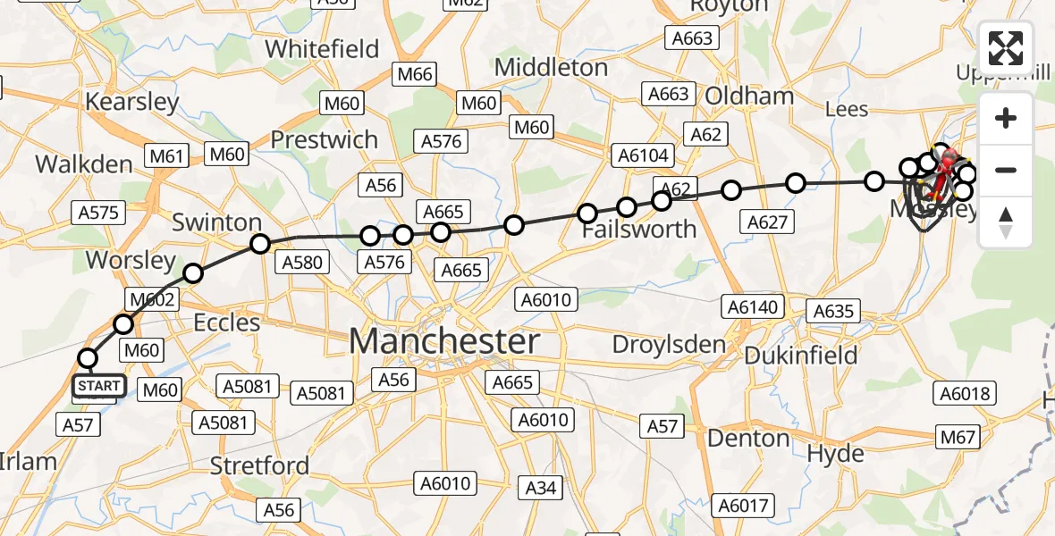 Flight route Air Ambulance Helicopter Manchester Barton Aerodrome - Mossley, 06 July 2026, 16:46