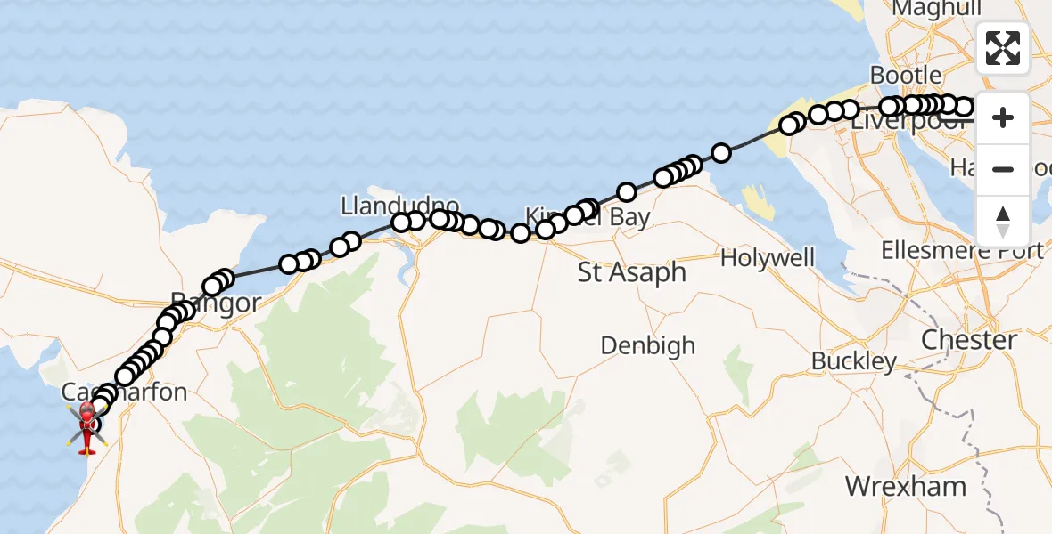 Flight route Air Ambulance Helicopter Knotty Ash - Caernarfon Airport, 06 July 2026, 17:01
