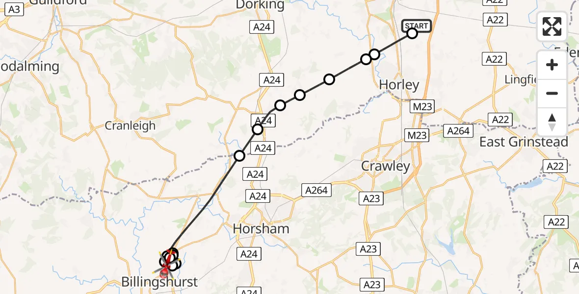 Flight route Air Ambulance Helicopter Redhill Aerodrome - Billingshurst, 06 July 2026, 17:02