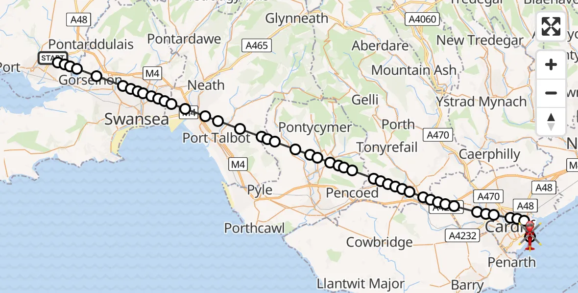 Flight route Air Ambulance Helicopter Dafen - Cardiff Heliport, 06 July 2026, 17:06