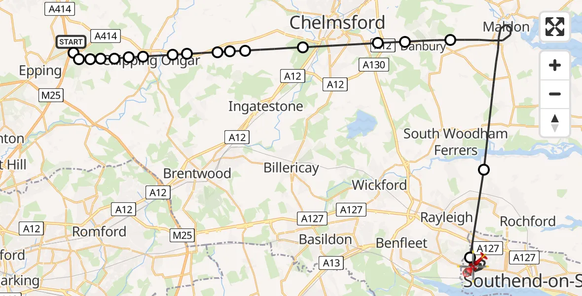 Flight route Air Ambulance Helicopter North Weald Airfield - Leigh on Sea, 06 July 2026, 17:09