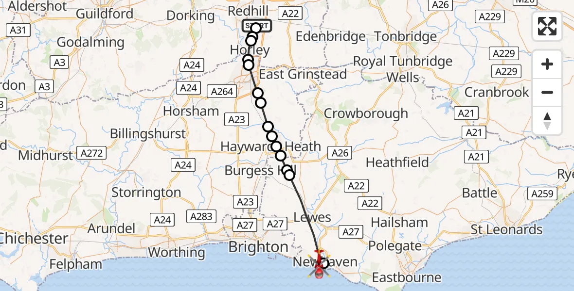Flight route Air Ambulance Helicopter Redhill Aerodrome - Newhaven, 06 July 2026, 17:26