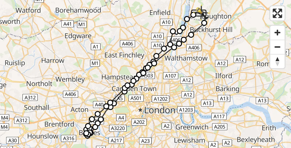 Flight route Police Helicopter Metropolitan Police Air Support Unit Lippitts Hill - Sewardstonebury, 06 July 2026, 17:29