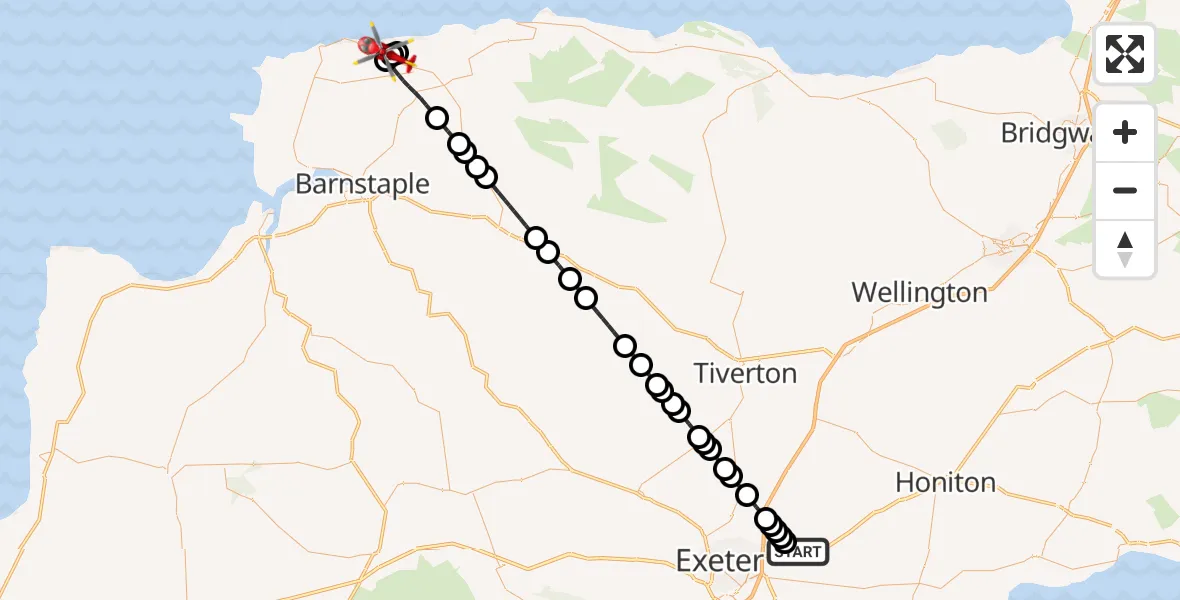 Flight route Air Ambulance Helicopter Exeter International Airport - Combe Martin, 06 July 2026, 17:29