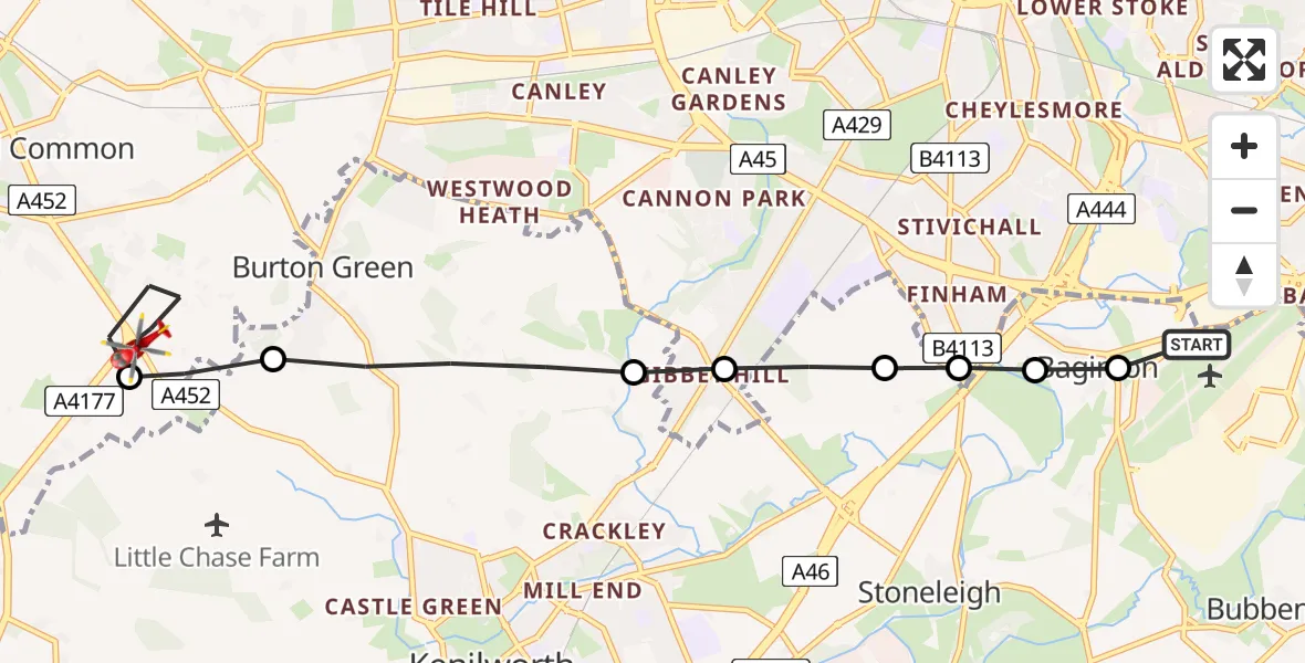 Flight route Air Ambulance Helicopter Coventry Airport - Solihull, 06 July 2026, 17:33