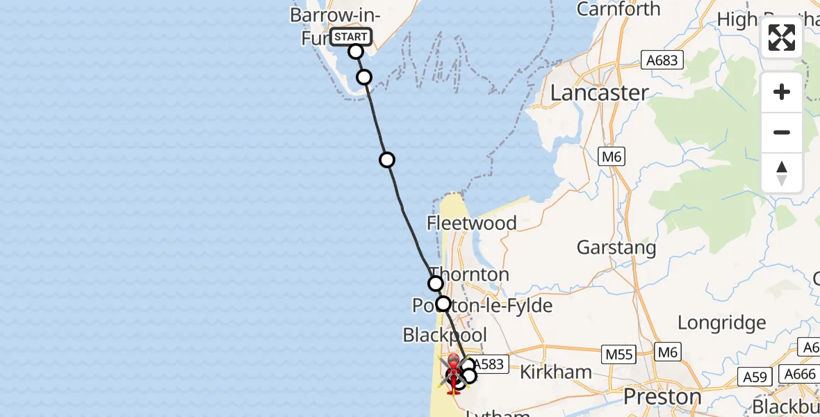 Flight route Air Ambulance Helicopter Barrow-in-Furness - Blackpool Airport, 06 July 2026, 17:35