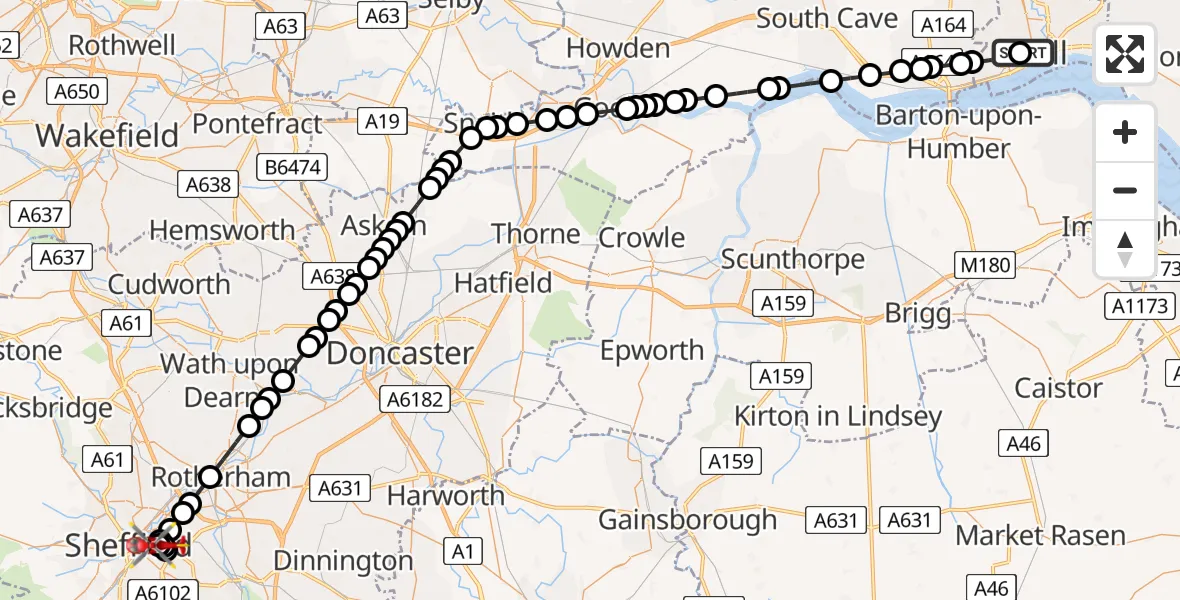Flight route Air Ambulance Helicopter Hull Royal Infirmary - Wybourn, 06 July 2026, 17:35