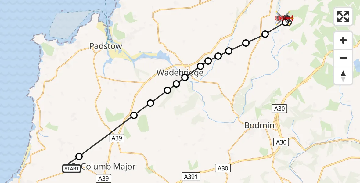 Flight route Air Ambulance Helicopter Cornwall Airport Newquay - St. Breward, 06 July 2026, 17:44