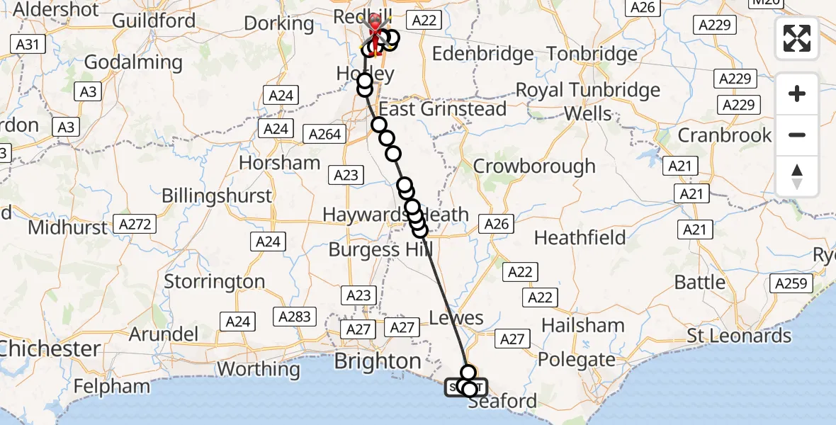 Flight route Air Ambulance Helicopter Newhaven - Redhill Aerodrome, 06 July 2026, 17:51