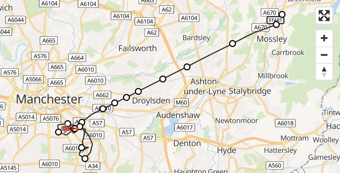 Flight route Air Ambulance Helicopter Mossley - Ardwick, 06 July 2026, 17:52