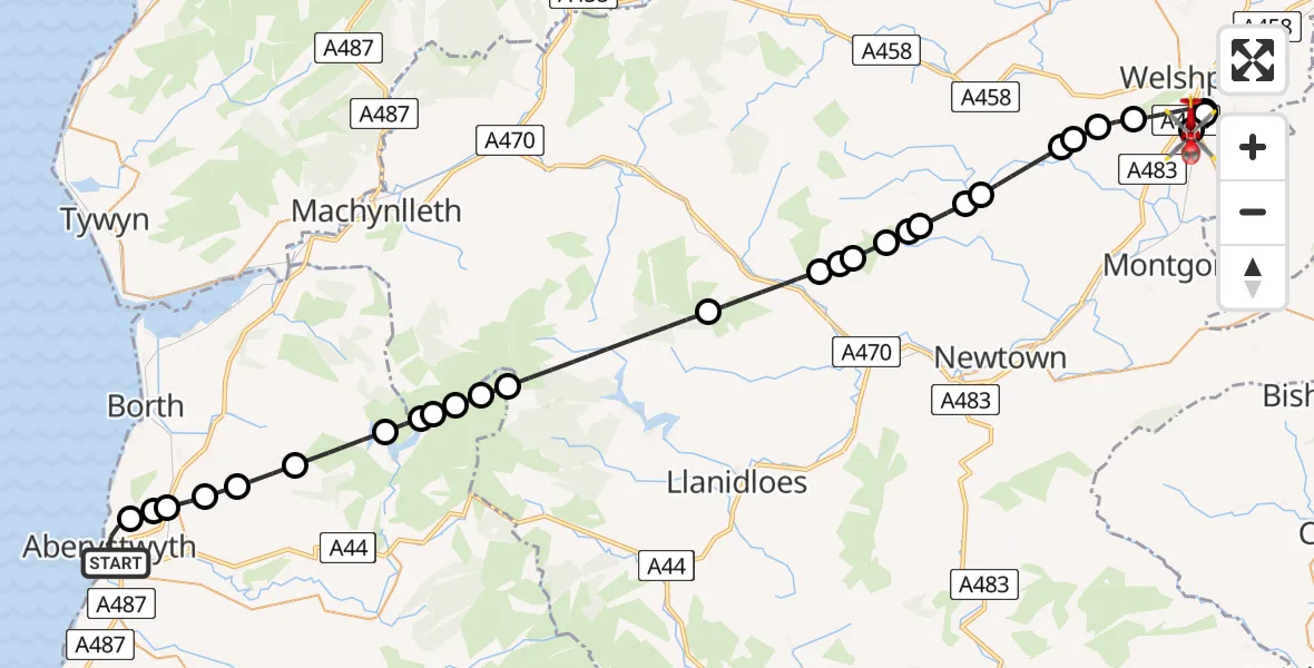 Flight route Air Ambulance Helicopter Aberystwyth - Welshpool Airport, 06 July 2026, 17:57