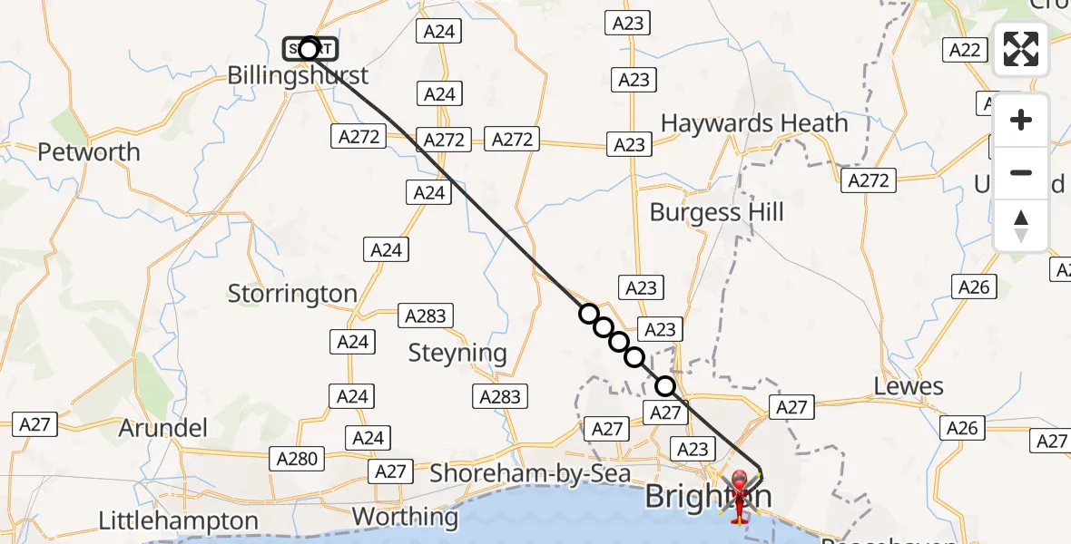 Flight route Air Ambulance Helicopter Horsham - Brighton, 06 July 2026, 18:03