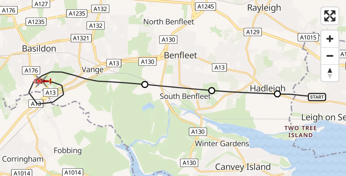 Flight route Air Ambulance Helicopter Leigh on Sea - Basildon, 06 July 2026, 18:10