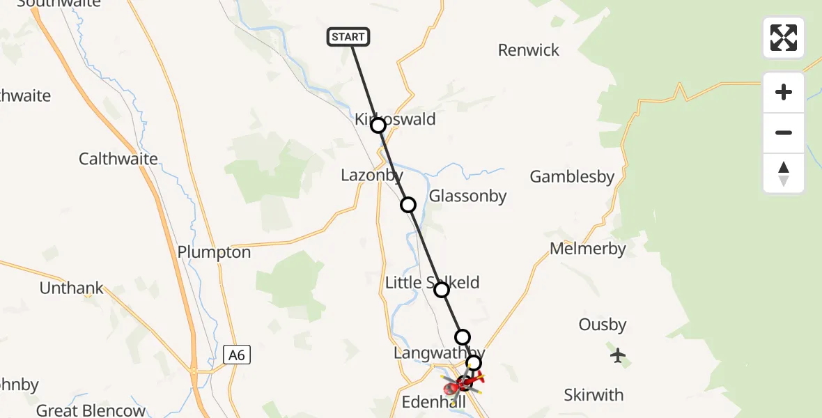 Flight route Air Ambulance Helicopter Ainstable - Langwathby, 06 July 2026, 18:15
