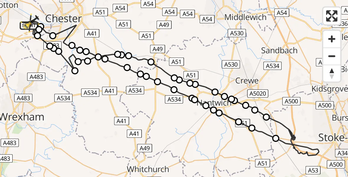 Flight route Police Helicopter Hawarden Airport - Hawarden Airport, 06 July 2026, 18:17