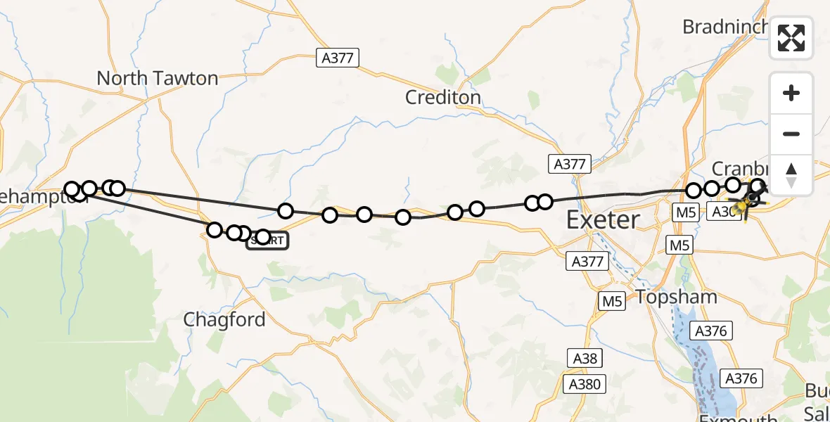 Flight route Police Helicopter Cheriton Bishop - Exeter International Airport, 06 July 2026, 18:21