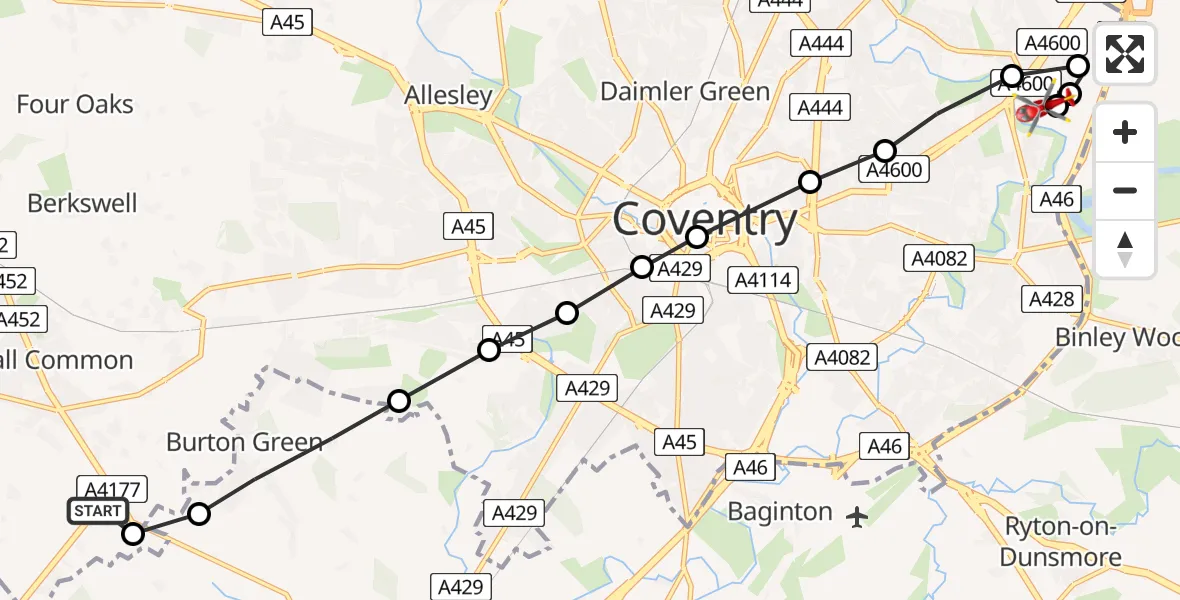 Flight route Air Ambulance Helicopter Solihull - University Hospital Coventry, 06 July 2026, 18:25
