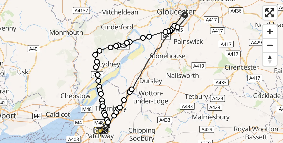 Flight route Police Helicopter Almondsbury - Almondsbury Helicopter Base, 06 July 2026, 18:29
