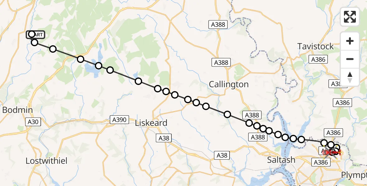 Flight route Air Ambulance Helicopter St. Breward - Derriford Hospital, 06 July 2026, 18:30